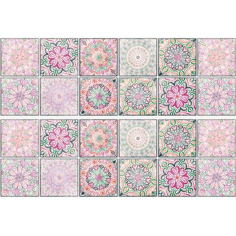 (Rose) 24 autocollants pour carrelage, stickers muraux adhésifs résistants à la chaleur et à l'eau, compatibles avec les crédences de cuisine et de salle de bain. (1/3)