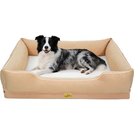 BingoPaw - Lit pour Chien Déhoussable - Mousse à Mémoire de Forme – Tissu Oxford Imperméable et Fausse Fourrure de Lapin Doux - Antidérapant - XL 105x75.5x21cm Beige