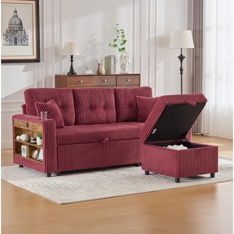 Sofá cama esquinero 196x82x85 cm de pana burdeos con almacenaje para salón - MEUBLIV (1/5)