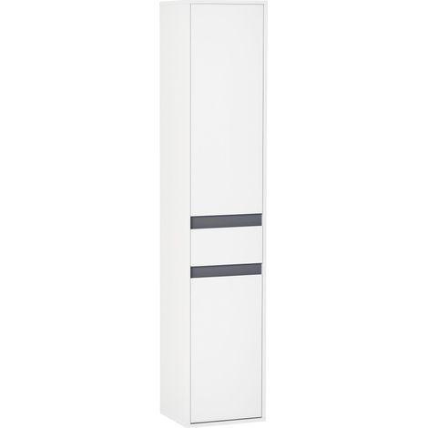 Meuble Colonne Rangement Salle de Bain Style Contemporain 2 placards 3 étagères et tiroir Coulissant Panneaux Particules Blanc