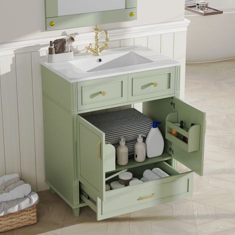 Waschbeckenunterschrank modern in Grün aus MDF mit Keramikbecken, 1 Soft-Close-Schublade und 2 offenen Fächern, 81 x 45,5 x 86,5 cm