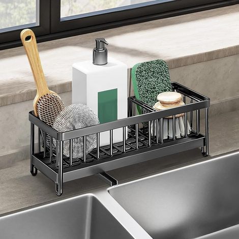 Küchenspüle aus Edelstahl 304 mit integrierter Abtropffläche und automatischer Abtropfschale, Aufbewahrungsbox für Schwamm, Bürste und Spülmittel (SCHWARZ) (1/5)