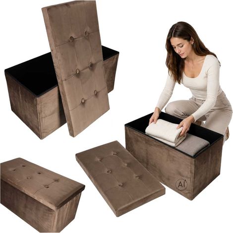 Banco otomano plegable de terciopelo marrón con espacio de almacenamiento, 76x38x38cm. (1/5)