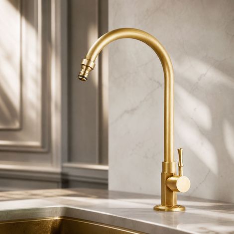 Robinet mitigeur bec effilé style vintage en laiton massif, cartouche céramique anti-goutte, hauteur 22cm, avec flexible inox 80cm (1/5)