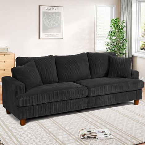 Neche 3-Sitzer-Sofa 221cm mit Cordpolsterung, extra tiefe Sitzfläche für das Wohnzimmer, 2 Kissen, Schwarz