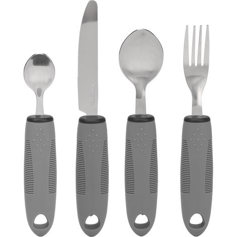 4 Pièces Ustensiles Adaptés Poignée Antidérapante en Caoutchouc Alourdie pour Personnes Âgées Tremblements des Mains Cuillère Fourchette Couteau Acier Inoxydable Gris (1/5)