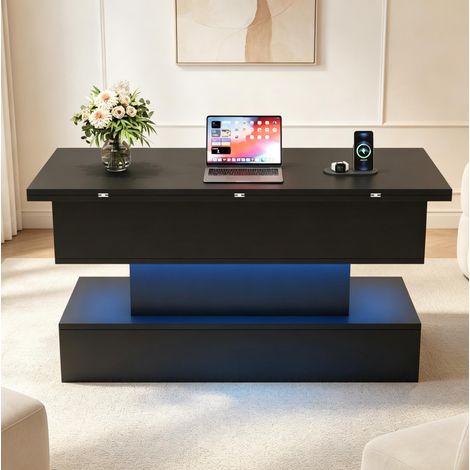 Tavolino da caffè sollevabile 100 x 50 x 51,5 cm con LED, prese USB e vano contenitore nero HAVRYA (1/5)