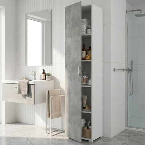 Armoire polyvalente Aquilegia, meuble linéaire avec 1 porte battante et 4 étagères réglables, meuble colonne pour salle de bain, 45x45h195 cm, Ciment et Blanc (1/5)
