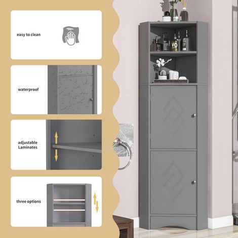 36,5x36,5x155cm Meuble de salle de bain, meuble de salle de bain, meuble d'angle avec deux compartiments de rangement, compartiment ouvert avec étagère réglable,gris clair (1/5)
