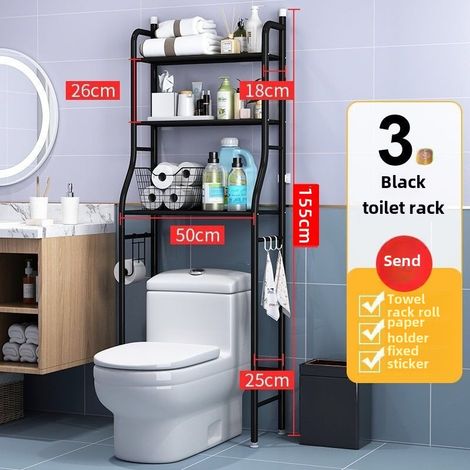 Étagère de rangement WC noire à 3 niveaux, rangement multifonctionnel pour WC, sans perçage, organisateur de salle de bain (1/5)