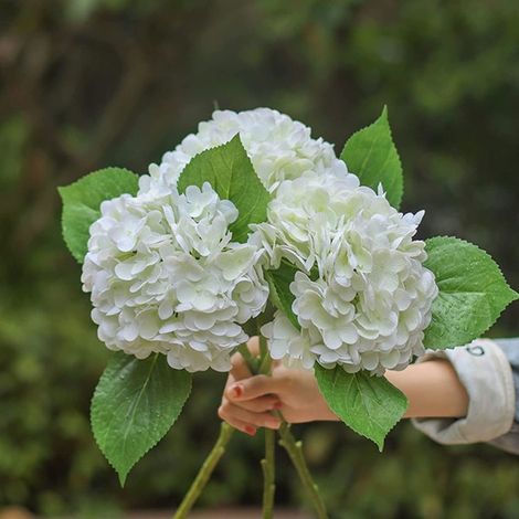 Bouquet de 3 tiges d'hortensia artificiel 21 cm, toucher réaliste, fleur déco pour mariage, maison et fête, réplique naturelle grande taille. (1/4)