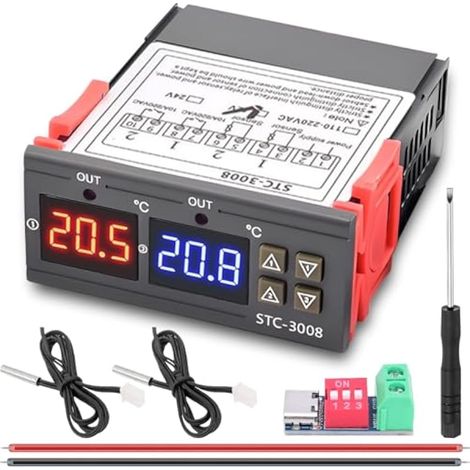Régulateur de température numérique DC 12V STC-3008, régulateur Intelligent à Affichage numérique Micro-Ordinateur à Double Sens pour Le Chauffage et Le Refroidissement, démarrage différé (1/5)