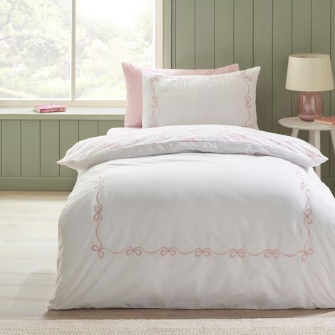 Parure de lit Simple avec Housse de Couette et taie d'oreiller Motif nœud Blanc/Rose (1/5)