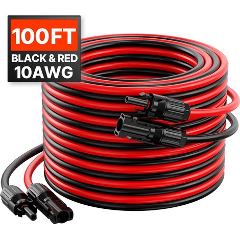 Câble d'extension solaire 30,48m/100FT, fil photovoltaïque 6mm²/10AWG avec connecteurs étanches femelle et mâle, câble PV noir 30,48m + rouge 30,48m (lot de 2) (1/5)
