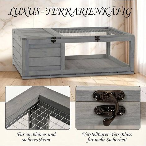 Recinto para tortugas 91x60,5x32 cm de madera gris con rejilla para interior/exterior - MEUBLIV (1/5)