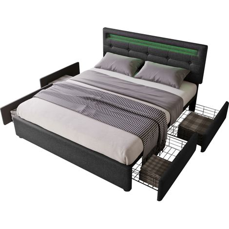 Letto con Cassetti 140 x 200 cm in Lino, Letto Matrimoniale con 4 Cassetti e LED Regolabile, senza Materasso (1/5)
