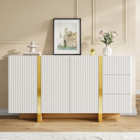 Weißes Sideboard mit 3 Türen, 3 Schubladen, Rillenfront und Holzoptik-Sockel (1/5)