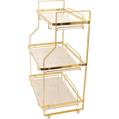 Étagère de rangement murale d'angle pour salle de bain, salon, chambre, cuisine, blanche et dorée, 3 niveaux (1/5)