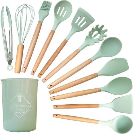 Ensemble d'ustensiles de cuisine en silicone, 12 pièces avec support, résistant à la chaleur, vert clair (1/5)