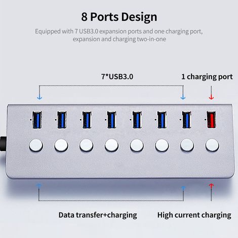 Hub USB multifonctionnel à 8 ports avec 7 ports d'extension USB 3.0, 1 port de charge et interrupteurs indépendants. (1/3)