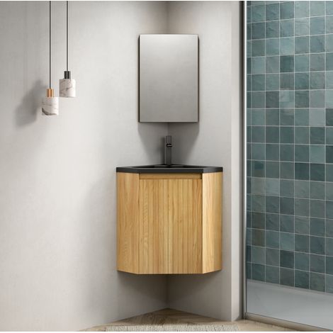 Mobiletto lavabo angolare 47.5x47.5x61.5 cm, lavabo integrato in resina nero opaco, anta in legno naturale (1/5)