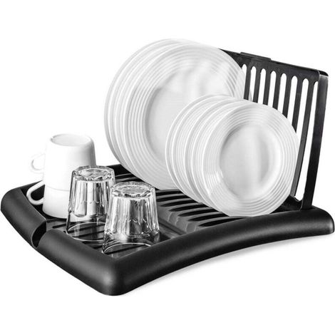 Egouttoir a vaisselle noir extensible avec espace pour assiettes et verres (1/5)