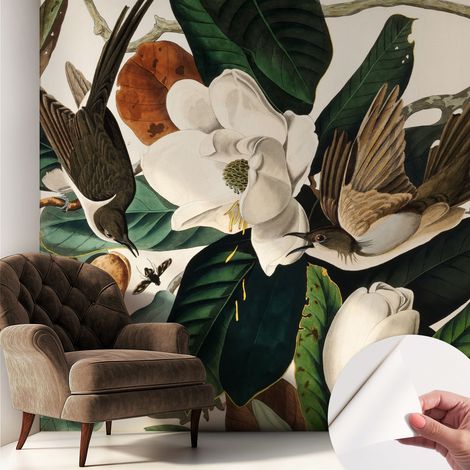 Papier peint adhésif décoratif avec colle pour salon chambre et bureau Installation rapide Oiseaux et magnolias 250x250 cm (1/5)