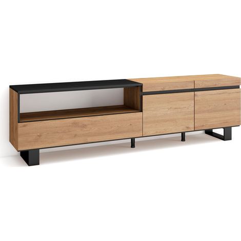 Skraut Home - Mobile TV Soggiorno, Ampio spazio a disposizione, 200x57x35cm, Per TV fino a 80", Design industriale, Stile moderno, Rovere e nero (1/5)