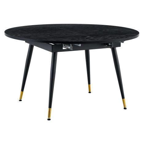 Table à manger extensible noire, plateau passe d'ovale à rond Ø135cm, pieds métalliques noirs avec embouts dorés, hauteur 77cm, table repas modulable pour la maison (1/5)