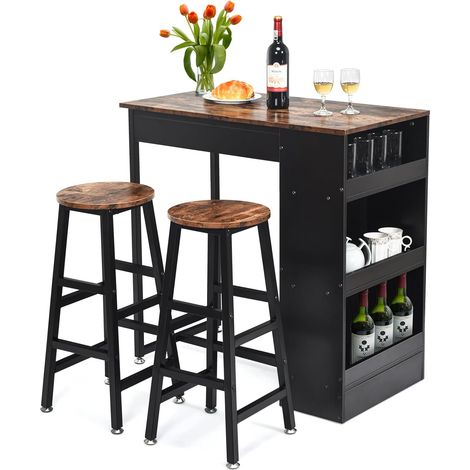 COSTWAY Bartisch mit Barhocker Set, Stehtisch mit 2 Barhockern und 3 Ablageflächen, Tresentisch, Küchentheke, Bartheke, Hausbar für Esszimmer, Wohnzimmer, Industrie-Design, vintagebraun (1/5)