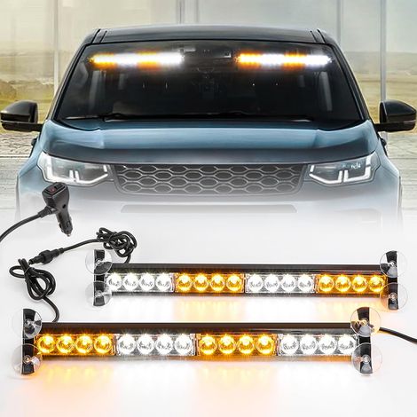 Gyrophare LED Orange Blanc Pare-Brise Ventouse 2x16 LED, 9 Modes IP65 étanche, boîtier aluminium, 2x42,6 cm, résistant pluie, neige et brouillard pour véhicules sécurité et dépanneuses (1/5)