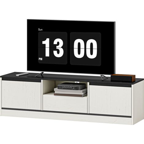 Meuble TV pour Télévision jusqu'à 60" avec 2 Armoires, 1 Étagère Ouverte, 1 Tiroir, Moderne, 140x35x40cm, Noir et Blanc (1/5)