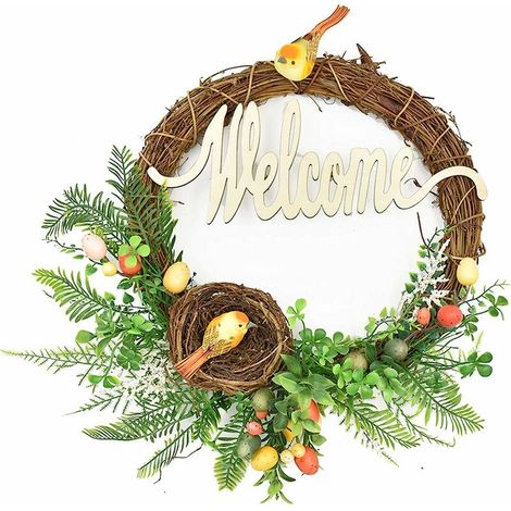 royaluxe- Couronne de forêt artificielle de 43,2 cm avec nids d'oiseaux, œufs de Pâques, guirlande printemps-été, pour porte d'entrée, mur de maison, décoration à suspendre - Vert, Bienvenue (1/5)