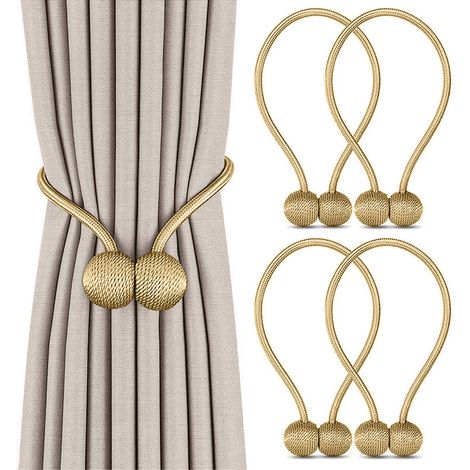Lot de 4 Attaches pour Rideaux, Pinces à Rideaux, Sangles Aimantées pour Rideaux, Boucles de Corde avec Détail de Boule de Crochet pour la Décoration de Rideaux (Doré) (1/5)