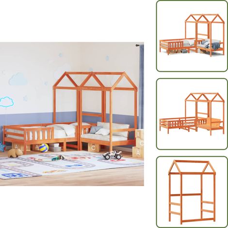 The Living Store Set de cama y banco con techo madera de pino marrón 90x190 cm - Banco con techo