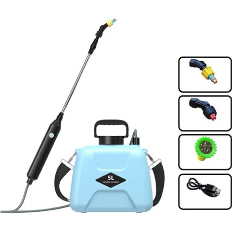 Arroseur électrique bleu électrique de 5 L avec pistolet de pulvérisation, batterie 2400 mAh, brumisateur automatique pour plantes de jardin, rechargeable par USB. (1/5)