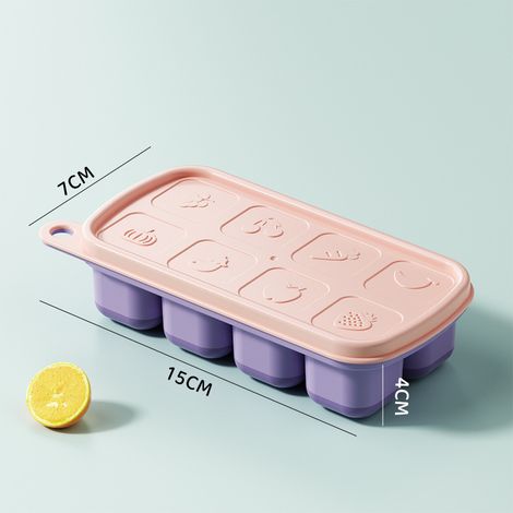 Eiswürfelform mit Deckel, 8 Fächer, lebensmittelechtes BPA-freies Silikon, wiederverwendbarer Eiswürfelbehälter für Babys und Gefrierschränke, Farbe Rosa-Lila-lsw (1/2)