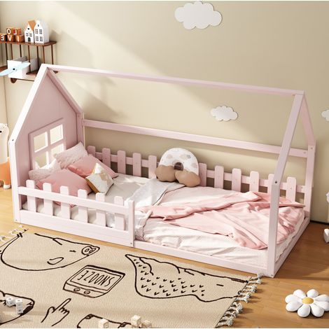 Cama Infantil 90x200 Cm Pino Y Mdf, Forma Casita Rosa, 7 Lamas, Carga 140 Kg (1/5)