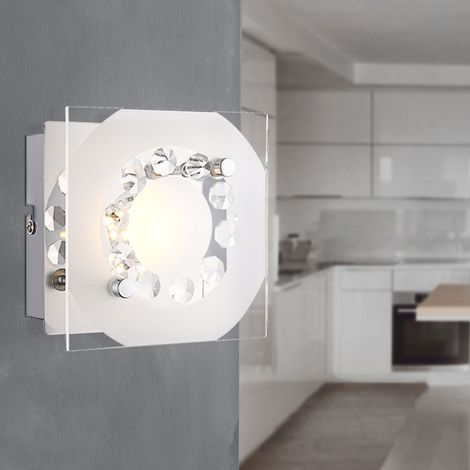 Wandleuchte Wandlampe Schlafzimmerleuchte Spotleuchte Wohnzimmer, Kristalldekor K5 Kristalle, Glas klar Chrom, 1x LED 4W 320Lm 3100K, HxLxB 9,5x12x12 cm