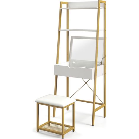 COSTWAY 2 in 1 Schminktisch mit Hocker, Frisiertisch mit Spiegel umkehrbar, Kosmetiktisch mit doppelten Ablagen & verstecktem Schrank, Schreibtisch, Make Up Tisch 60 cm x 39,5 cm x 164,5 cm (1/5)