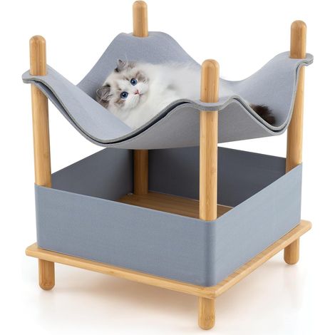 GOPLUS Maison pour Chats à 2 Niveaux, Niche Mignonne pour Chats avec Partie Supérieure en Tissu de Feutre à Double Couche, Condo, Hamac, Structure en Bambo, 46 x 46 x 53cm (1/5)