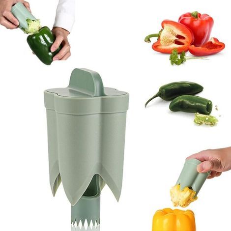 Snocciolatore per peperoni 2 in 1, strumento per rimuovere i semi di peperone, taglia peperoni e verdure, utensile da cucina (verde) (1/5)