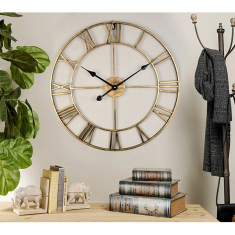 Grande horloge murale ronde en métal de style vintage horloges de salon à chiffres romains noirs à piles sans tic-tac ， or