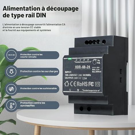 Alimentatore da guida DIN, Alimentatore per guida DIN Alimentatore DC 24V 2.5A 60W Trasformatore per guida DIN HDR-60W-24V2.5A (1/4)