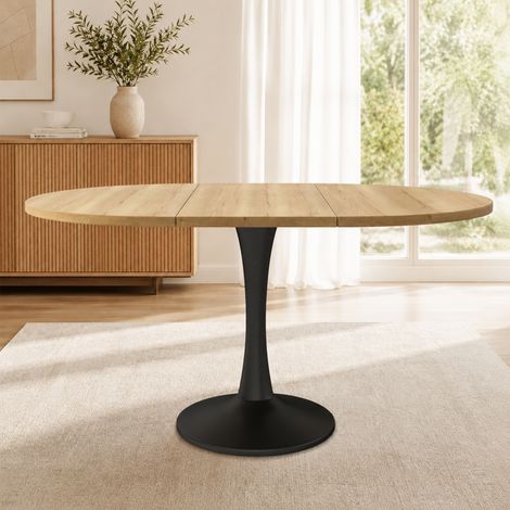 Mesa de comedor extensible, mesa de comedor ovalada, mesa de centro/de ocio, 100/140 cm de largo x 100 cm de ancho x 75 cm de alto, mesa de comedor moderna y sencilla, color roble. (1/5)