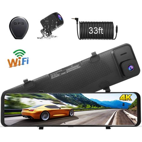 Espejo retrovisor de 12 pulgadas, cámaras duales 4K+1080p, grabadora de video delantera y trasera, pantalla táctil, GPS, detección de colisión (conexión Wi-Fi). (1/5)