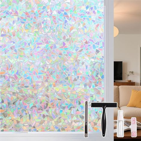 Film Intimité pour Fenêtre Anti Regard, Transparent, 44,5 x 200 cm Effet Arc-en-Ciel Bloque Vue, Adhérence Statique Sans Adhésif, Décoratif pour Salon Cuisine Bureau, avec Outils (1/5)