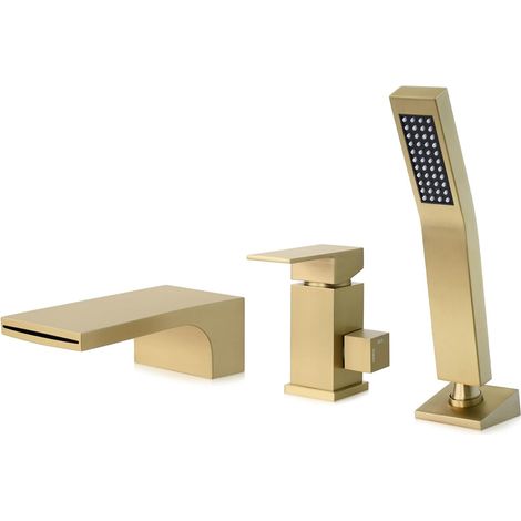 1 Mitigeur Baignoire 3 Trous, Bec Cascade, Laiton, Or Brossé, Douchette 59 Pouces, Salle de Bain
