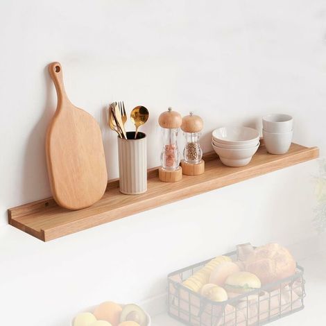 Etagere Murale Bois Chêne, Étagères Flottantes Étagères Murales en Bois Massif Solide pour Maison, Salon, Chambre d'enfant, Chambre, Salle de Bain, Bureau, Cuisine (Naturel, 60 cm) (1/4)