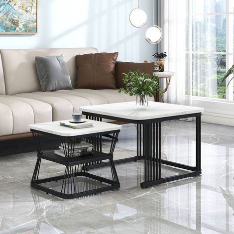 Lot de 2 tables basses gigognes carrées, 65/45cm - PVC aspect marbre, plateau mat, structure noire, table de salon, design industriel - noir + blanc